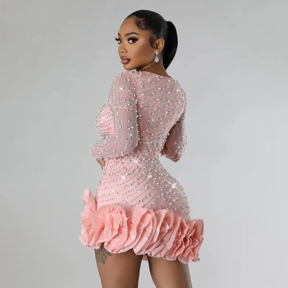 2024 Long Sleeve V Neck Transparent Glittering Rhinestones Dress