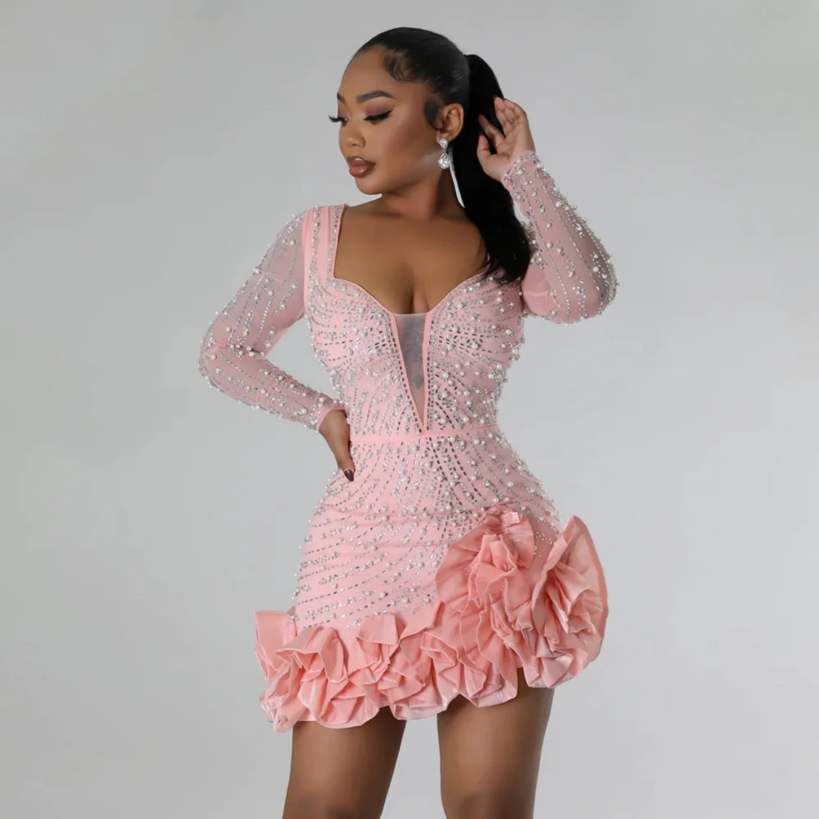 2024 Long Sleeve V Neck Transparent Glittering Rhinestones Dress
