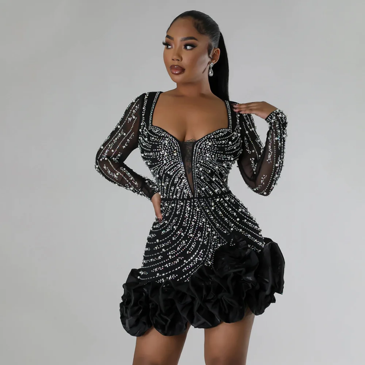 2024 Long Sleeve V Neck Transparent Glittering Rhinestones Dress