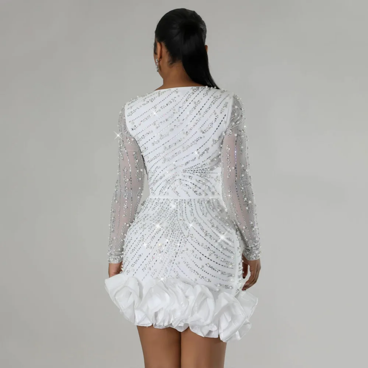 2024 Long Sleeve V Neck Transparent Glittering Rhinestones Dress