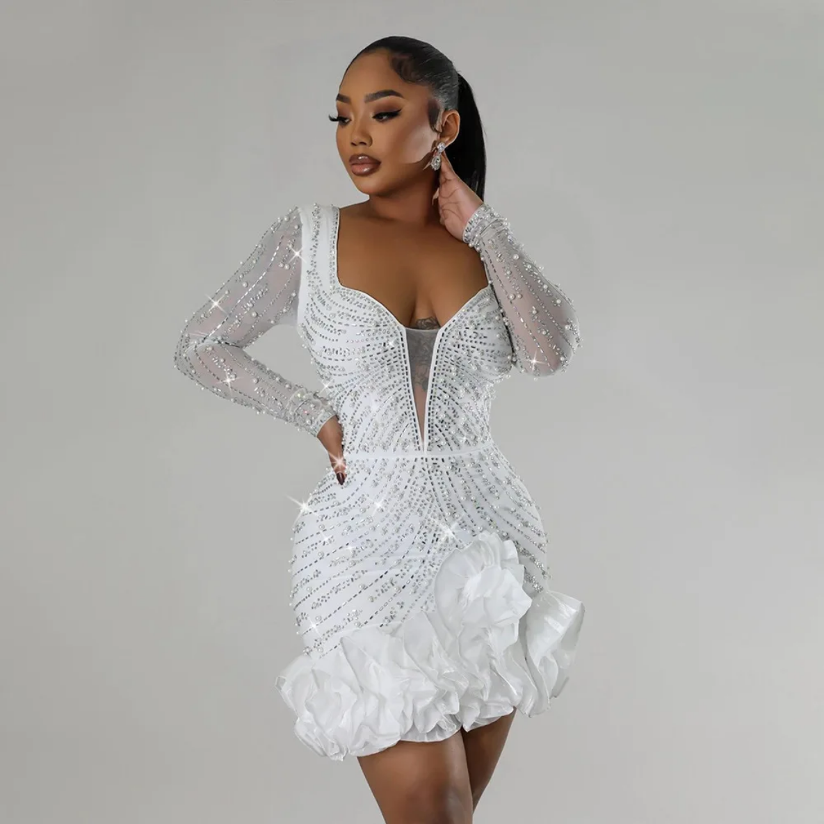 2024 Long Sleeve V Neck Transparent Glittering Rhinestones Dress