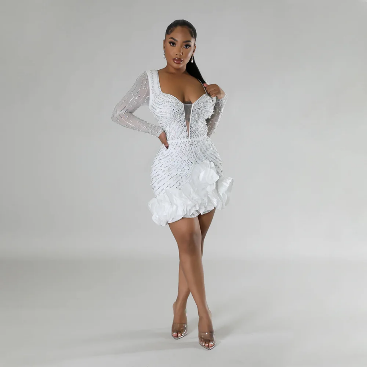 2024 Long Sleeve V Neck Transparent Glittering Rhinestones Dress