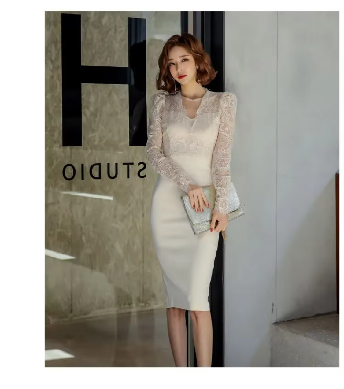 Autumn White Bodycon Pencil Lace Dress