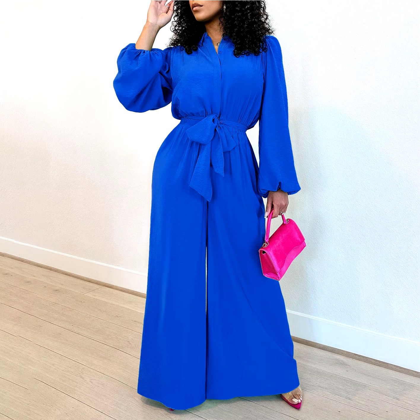 Full Sleeve V-neck belt Wide Leg Straight Jumpsuits