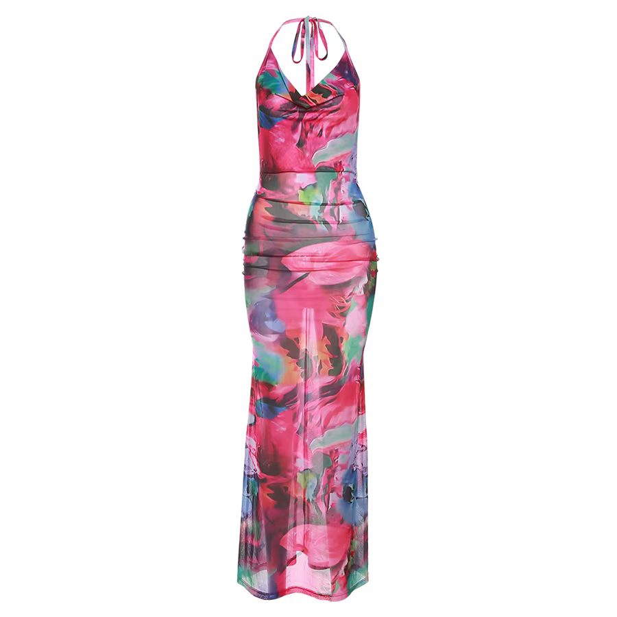 Flower Print Low Chest Sheer Sexy Backless Halter Bodycon Dress