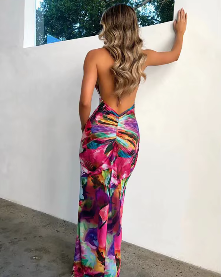 Flower Print Low Chest Sheer Sexy Backless Halter Bodycon Dress