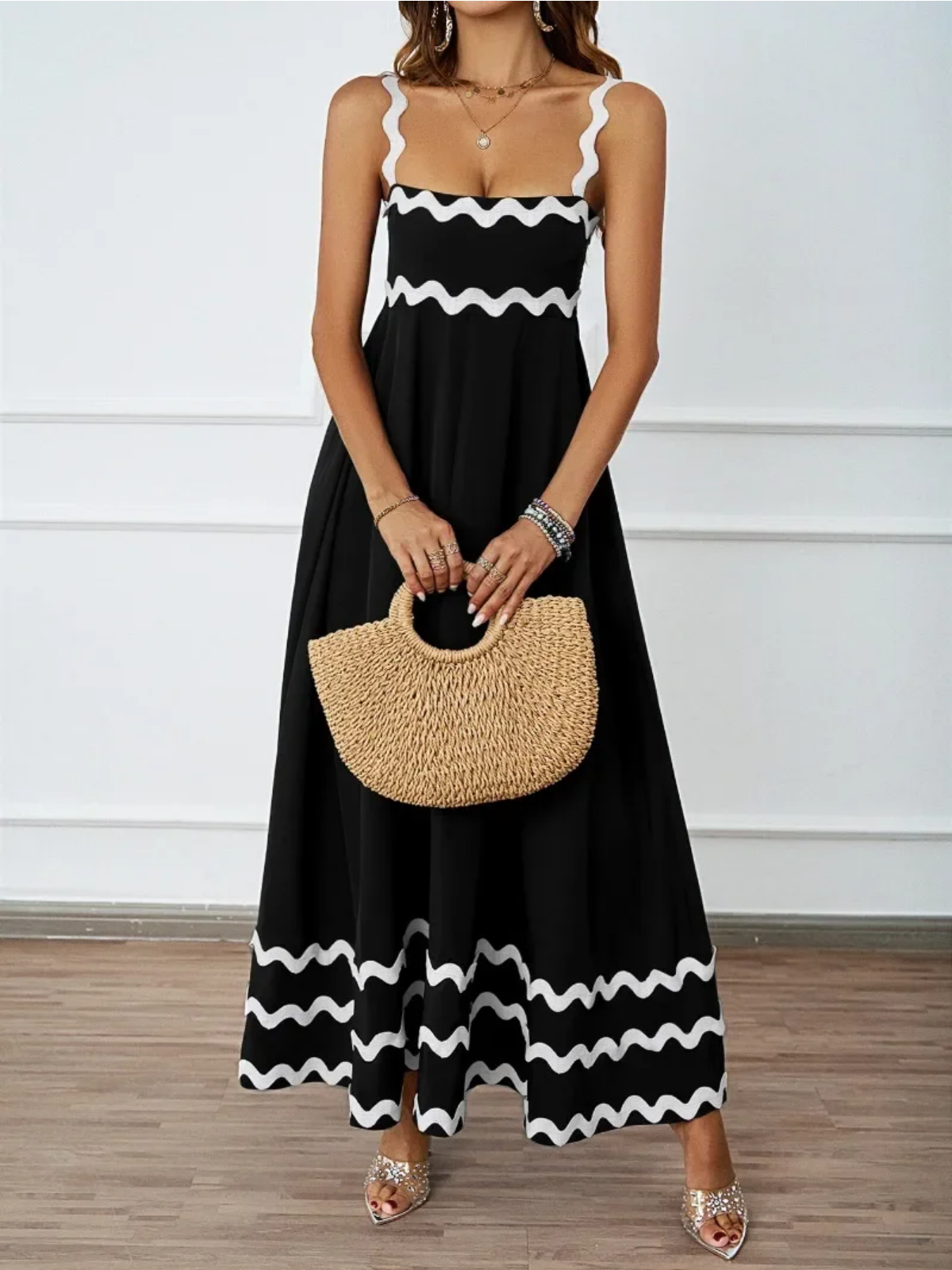 Holiday High Waist Backless Sleeveless Contrast Colors Maxi Dress