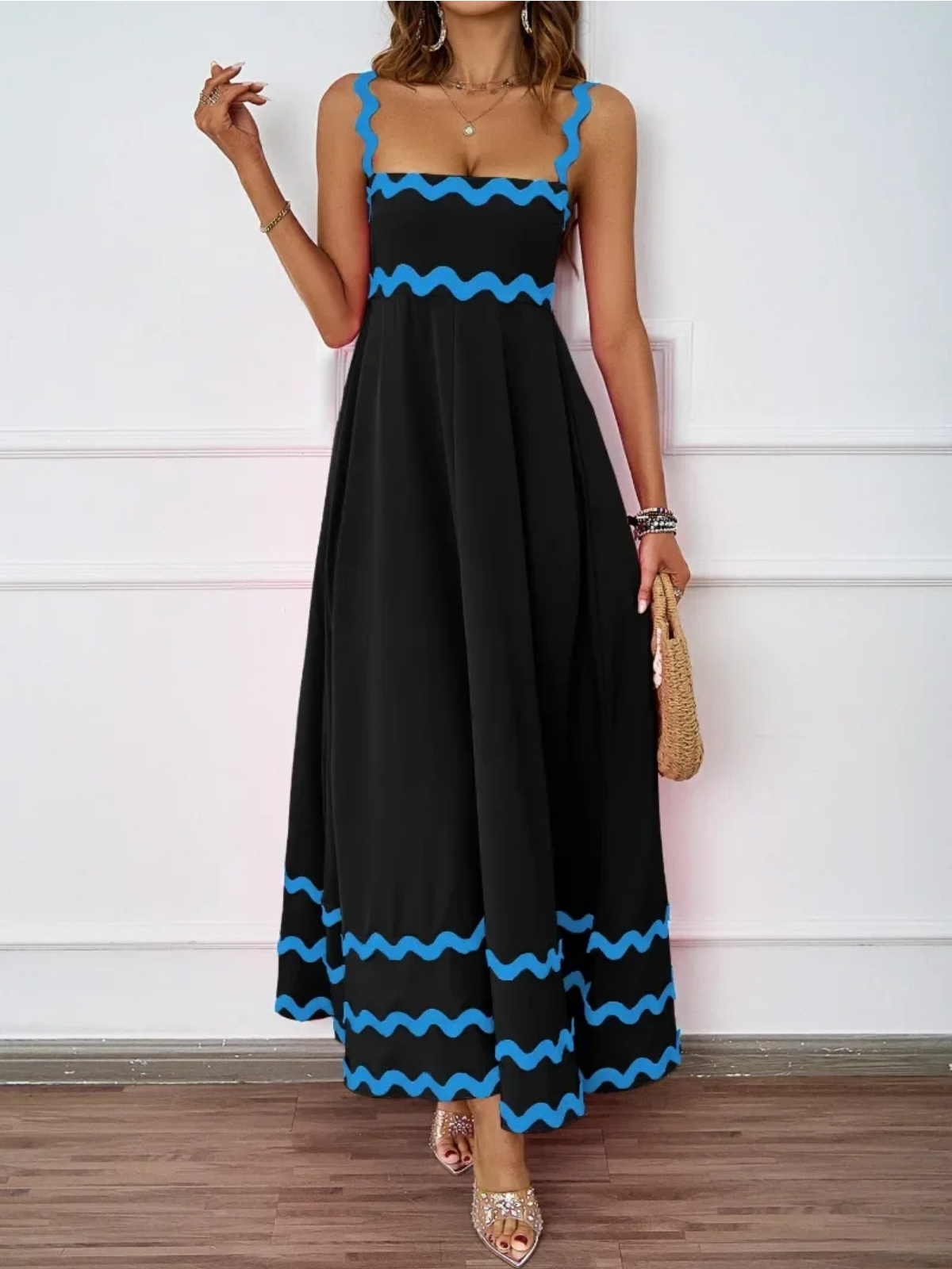 Holiday High Waist Backless Sleeveless Contrast Colors Maxi Dress