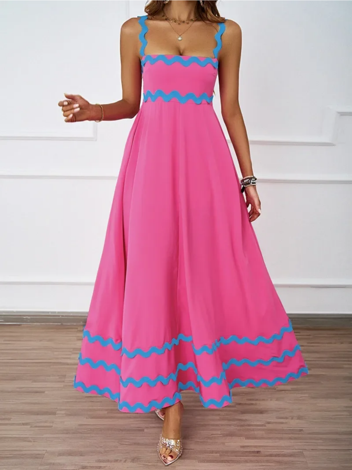 Holiday High Waist Backless Sleeveless Contrast Colors Maxi Dress
