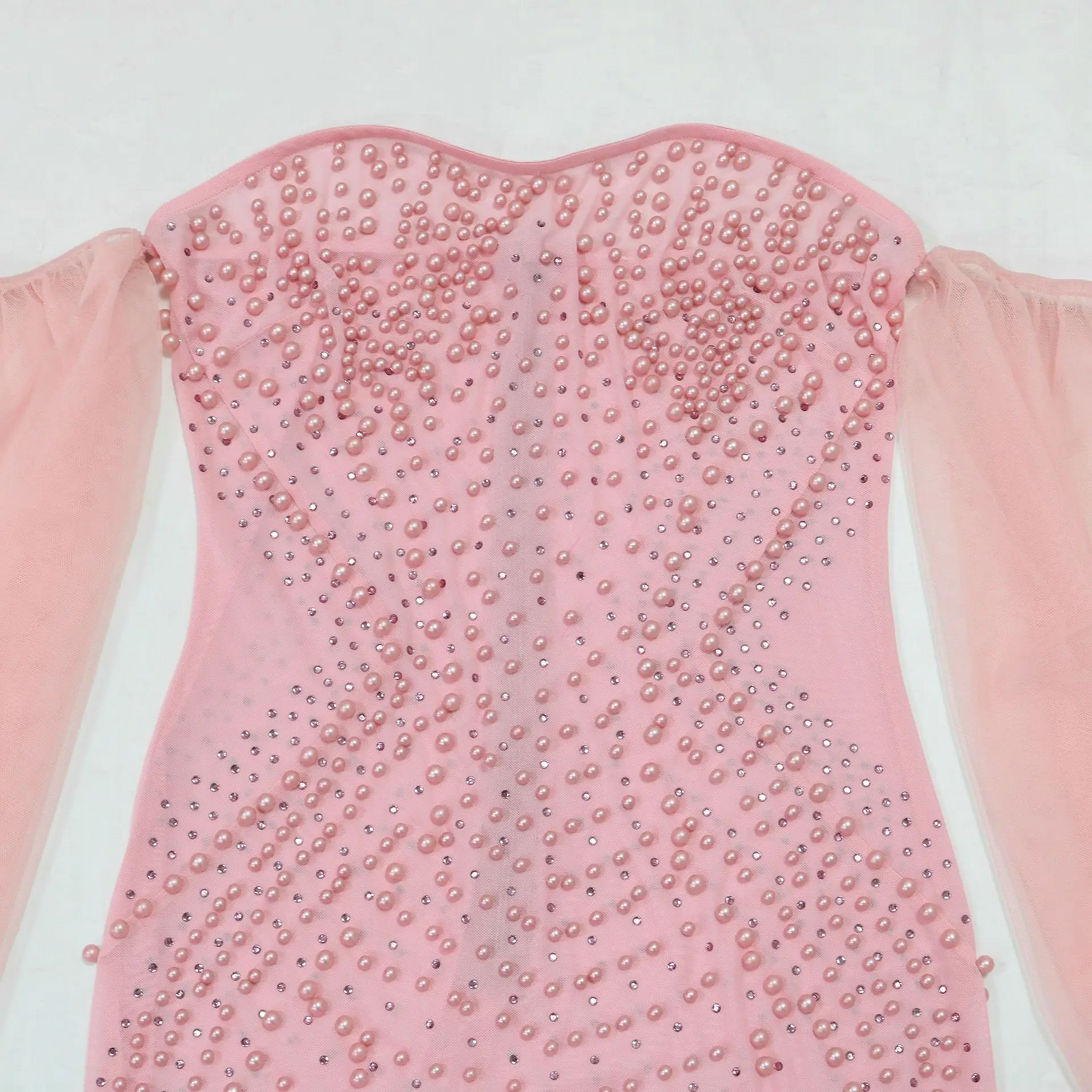 Pink Rhinestone Pearl Mesh Off Shoulder Dress
