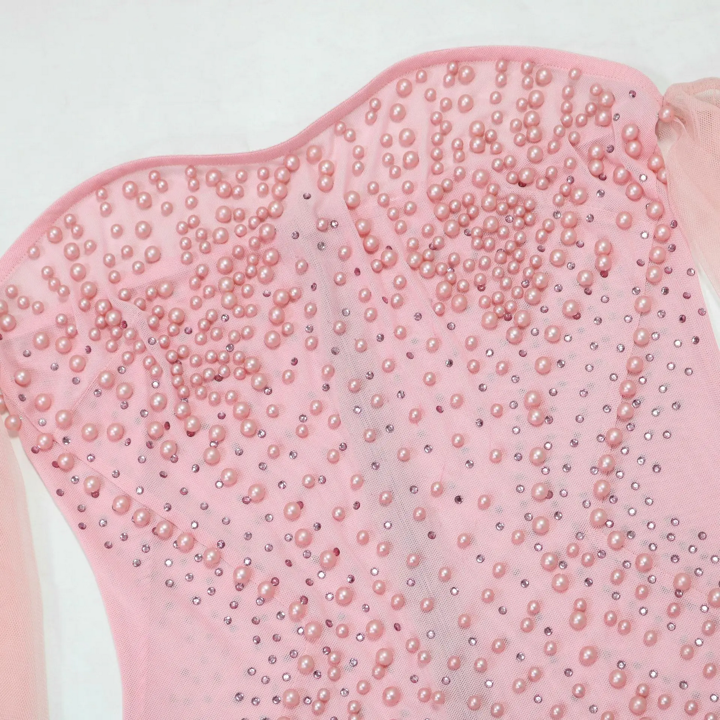 Pink Rhinestone Pearl Mesh Off Shoulder Dress