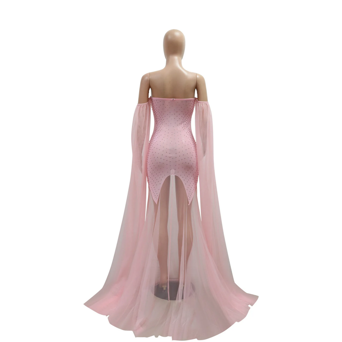 Pink Rhinestone Pearl Mesh Off Shoulder Dress