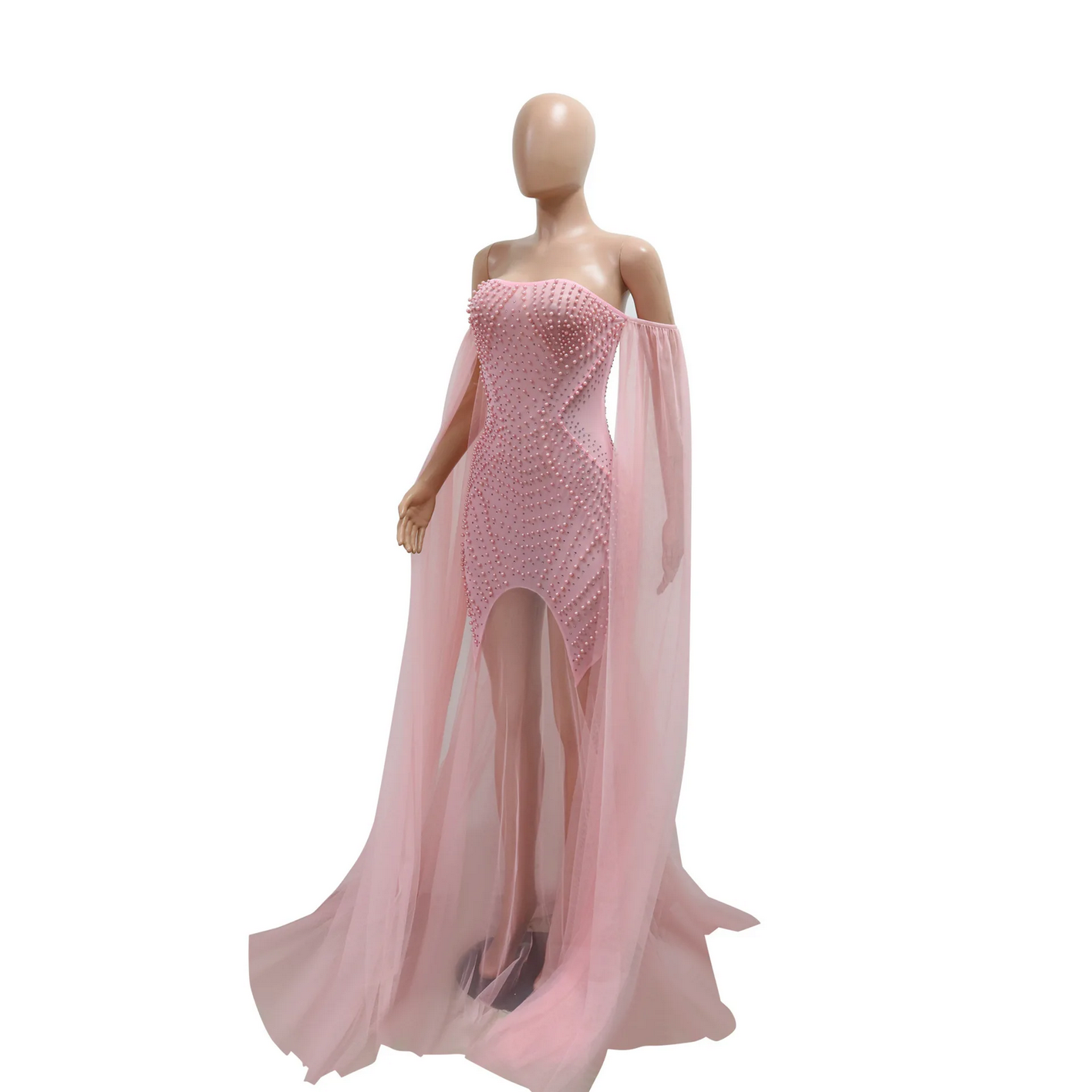 Pink Rhinestone Pearl Mesh Off Shoulder Dress