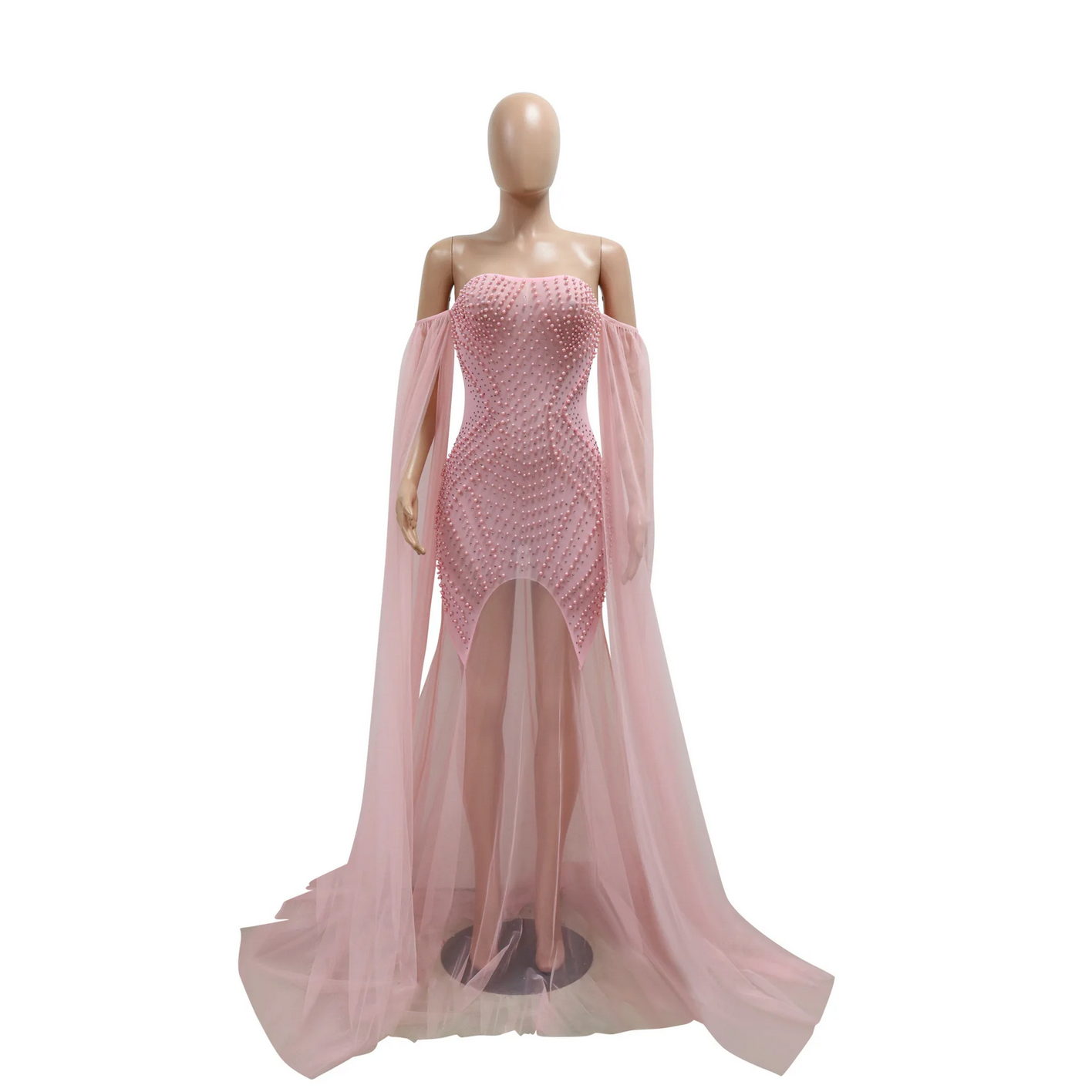 Pink Rhinestone Pearl Mesh Off Shoulder Dress