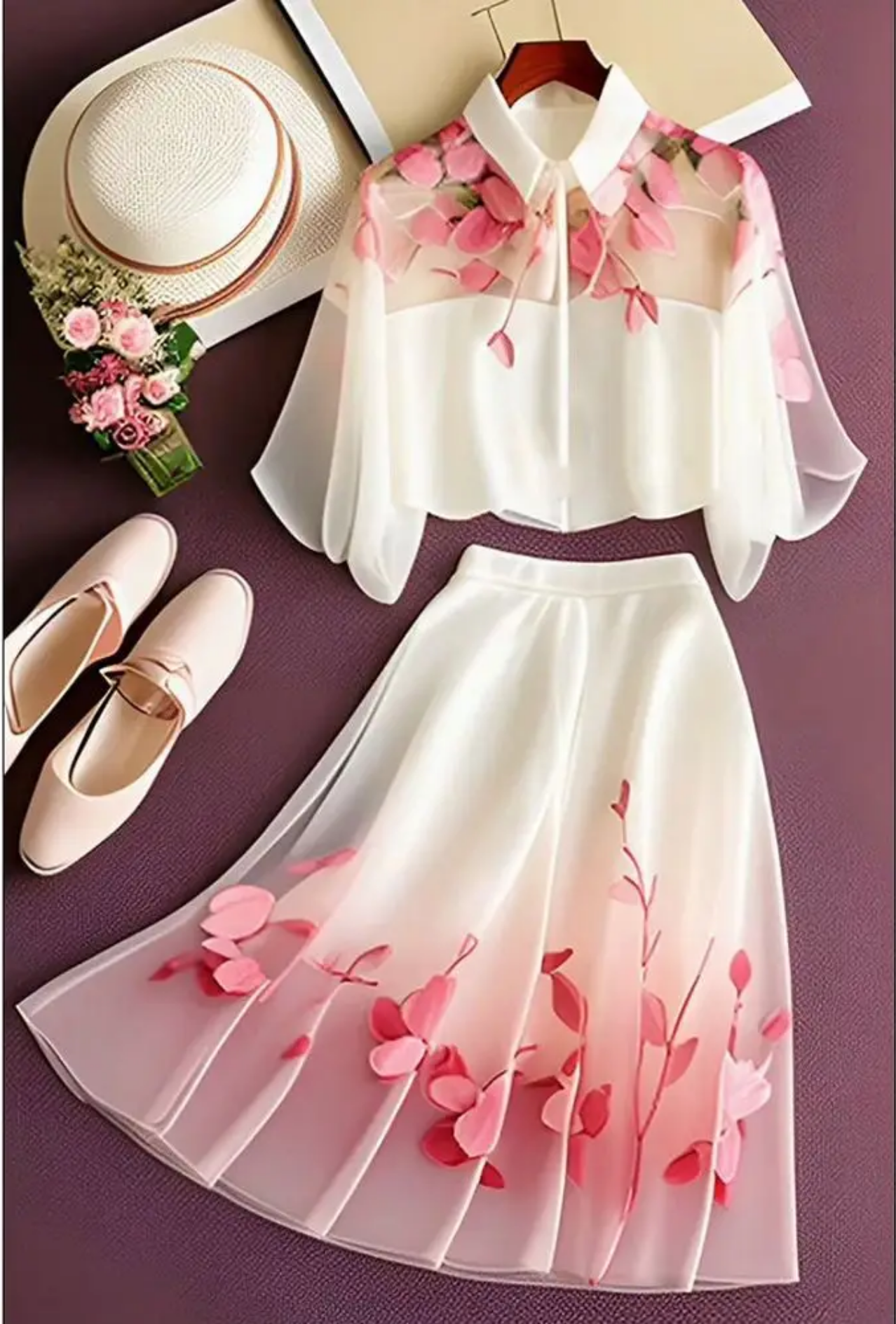 Short Sleeve Print Chiffon Tops Floral Skirts Two Piece Sets
