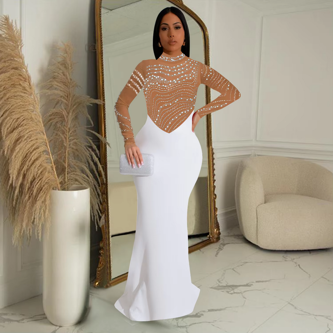 Fashion Rhinestones Pearls Round Neck Long Sleeve Slim Bodycon Evening Party Dress
