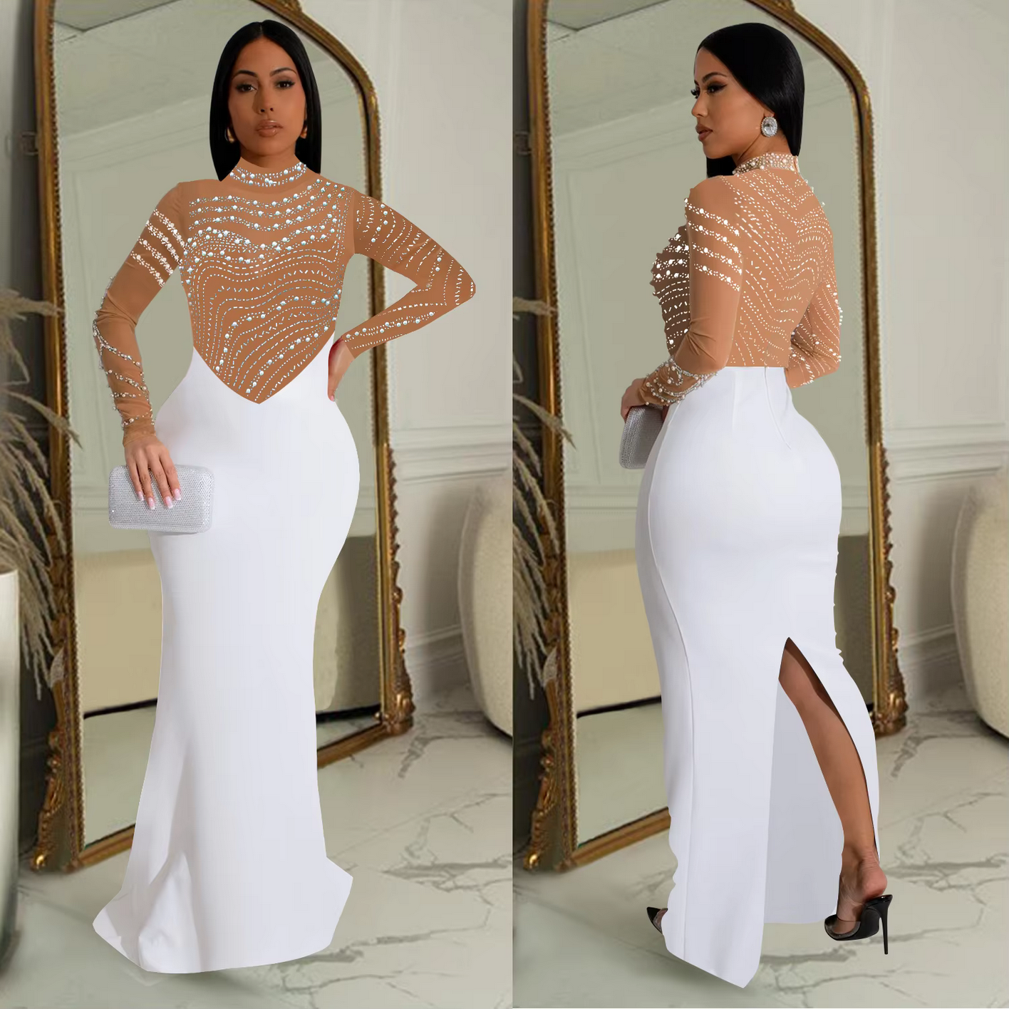 Fashion Rhinestones Pearls Round Neck Long Sleeve Slim Bodycon Evening Party Dress