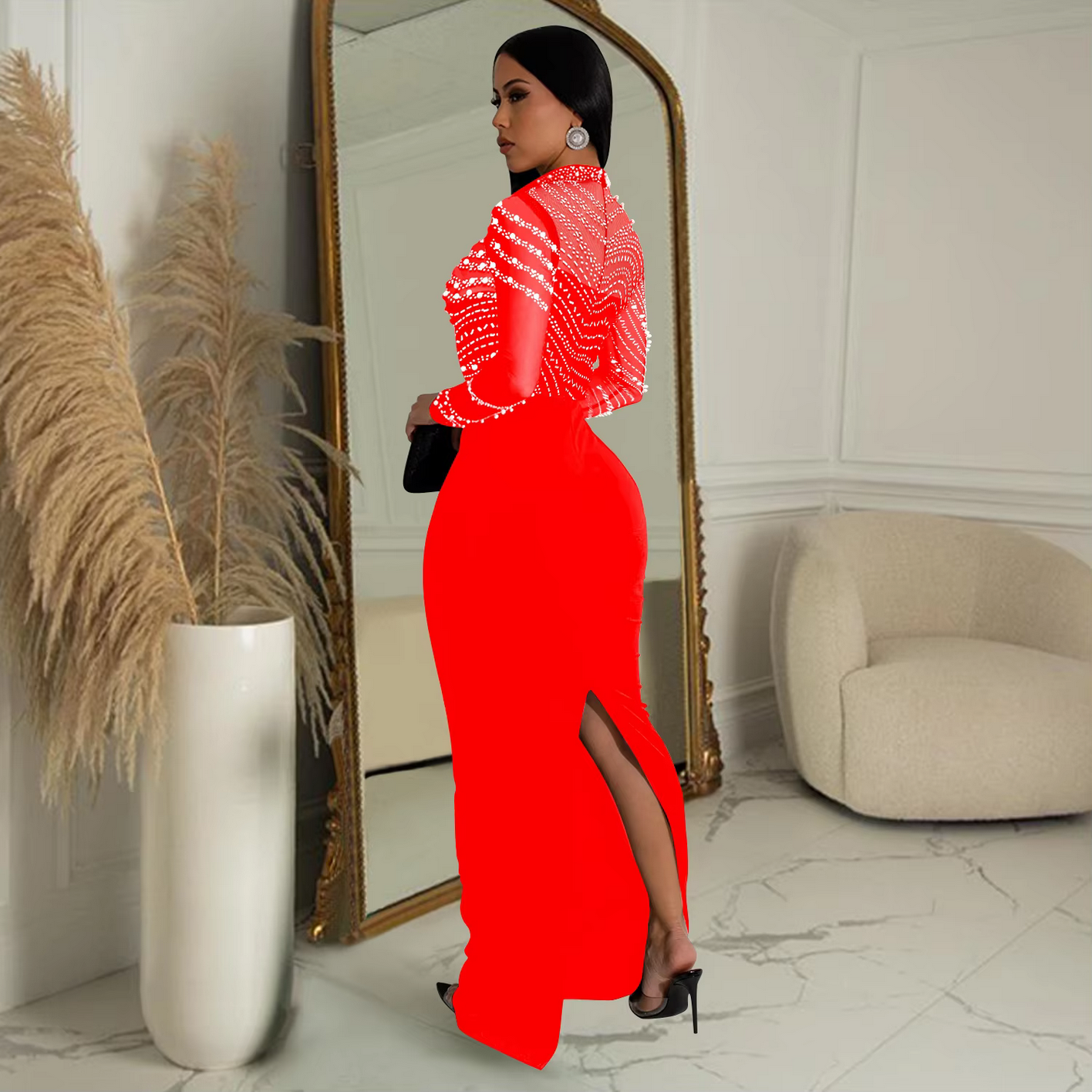 Fashion Rhinestones Pearls Round Neck Long Sleeve Slim Bodycon Evening Party Dress