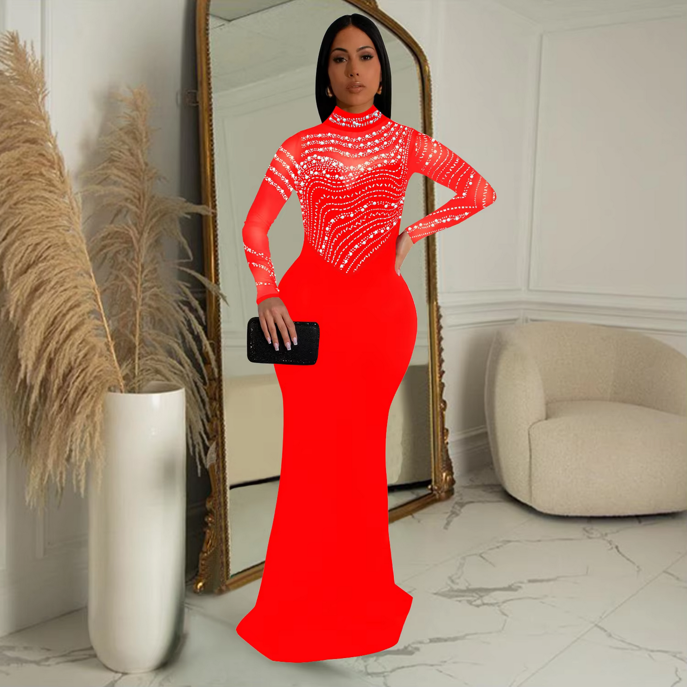 Fashion Rhinestones Pearls Round Neck Long Sleeve Slim Bodycon Evening Party Dress