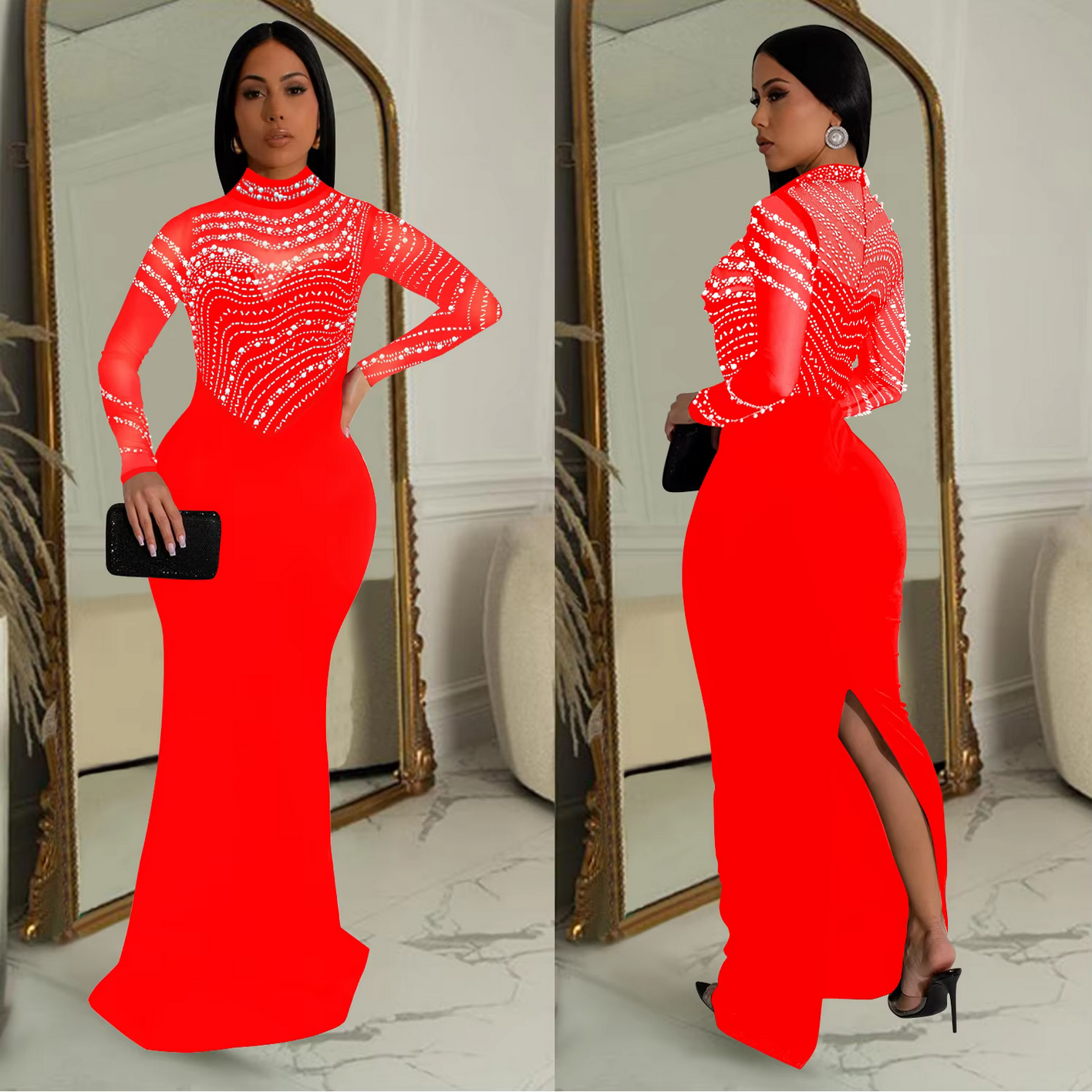 Fashion Rhinestones Pearls Round Neck Long Sleeve Slim Bodycon Evening Party Dress
