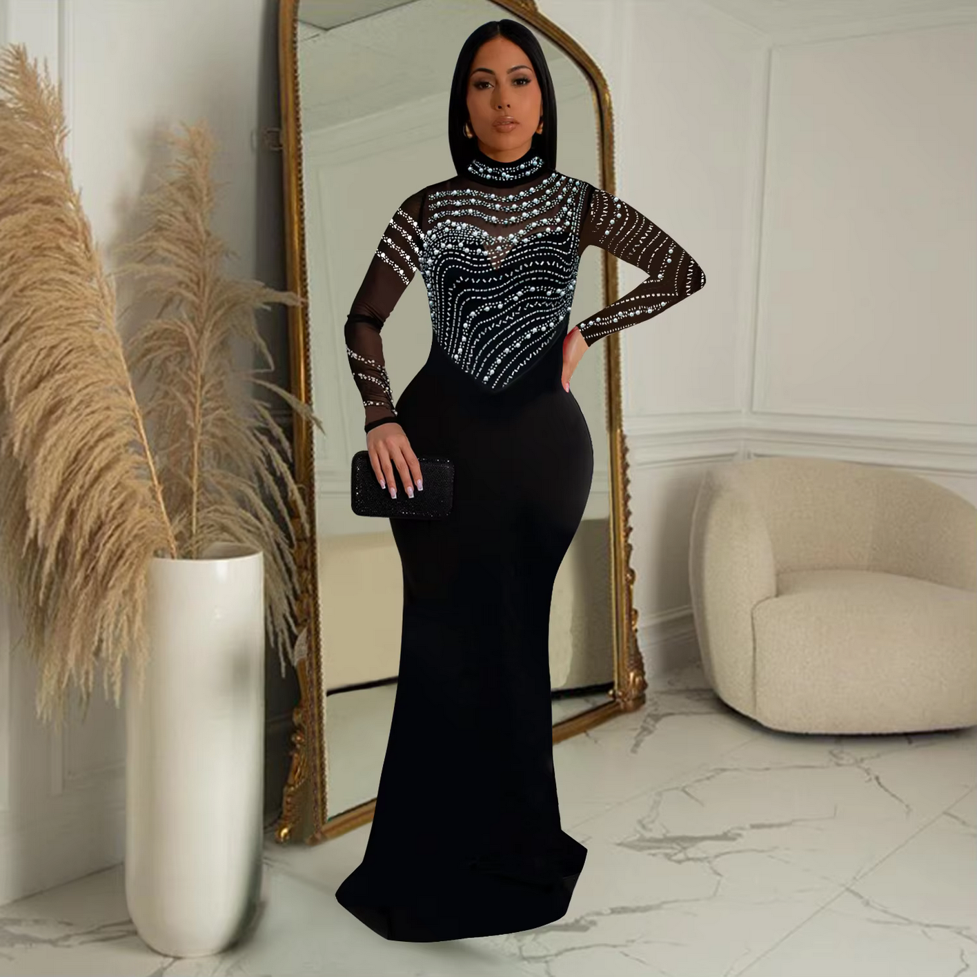 Fashion Rhinestones Pearls Round Neck Long Sleeve Slim Bodycon Evening Party Dress