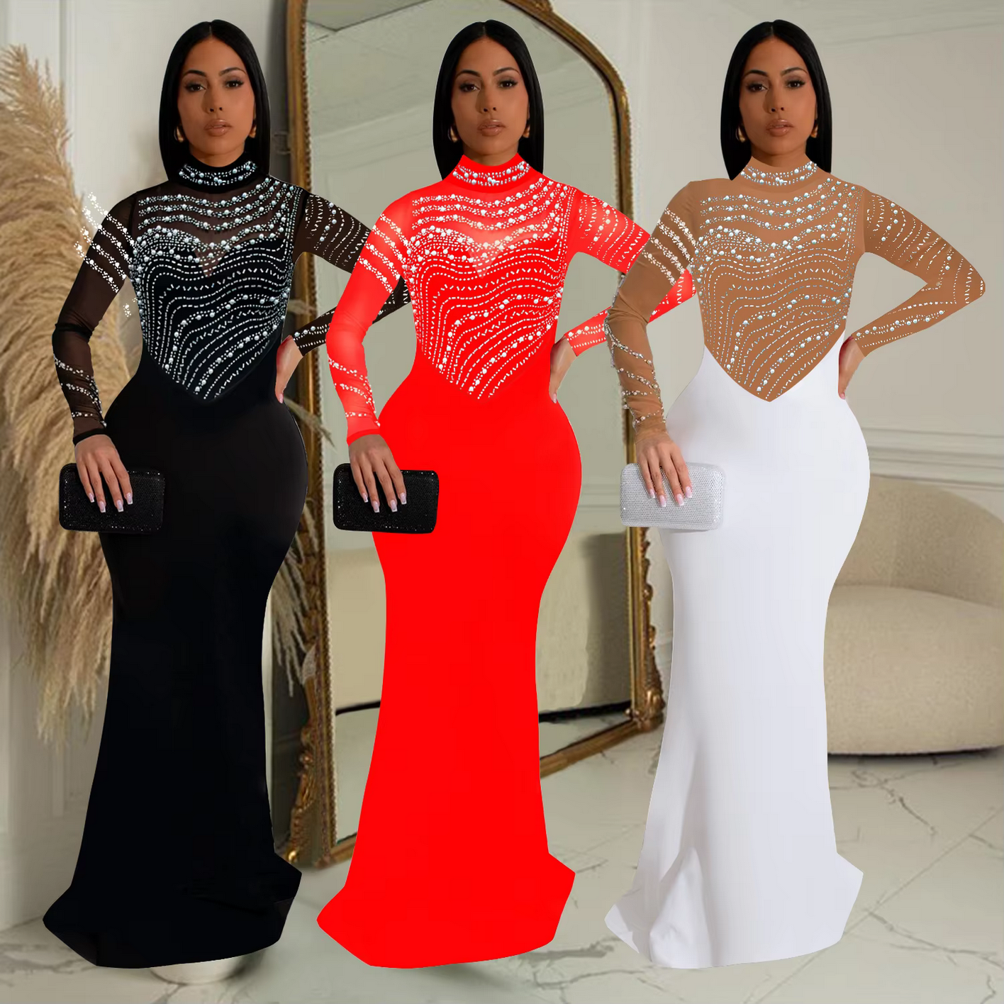Fashion Rhinestones Pearls Round Neck Long Sleeve Slim Bodycon Evening Party Dress