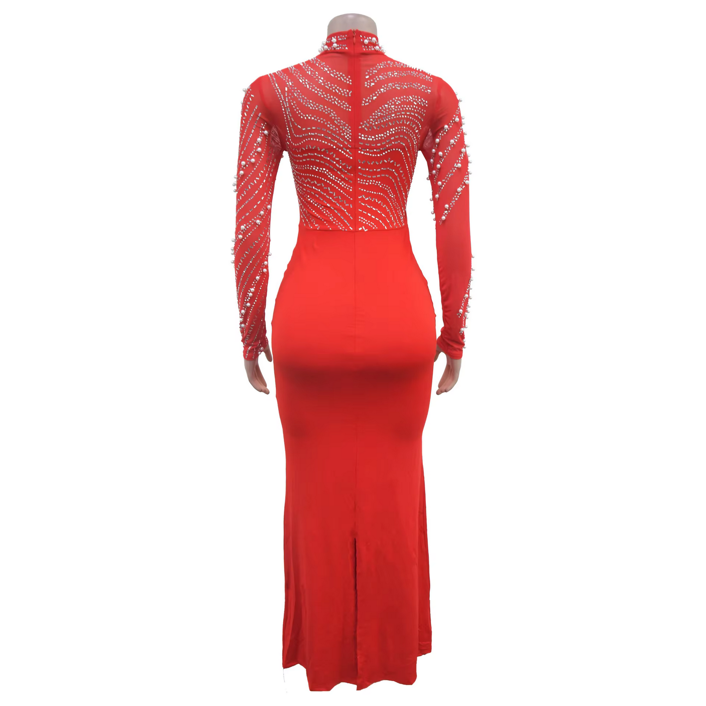Fashion Rhinestones Pearls Round Neck Long Sleeve Slim Bodycon Evening Party Dress