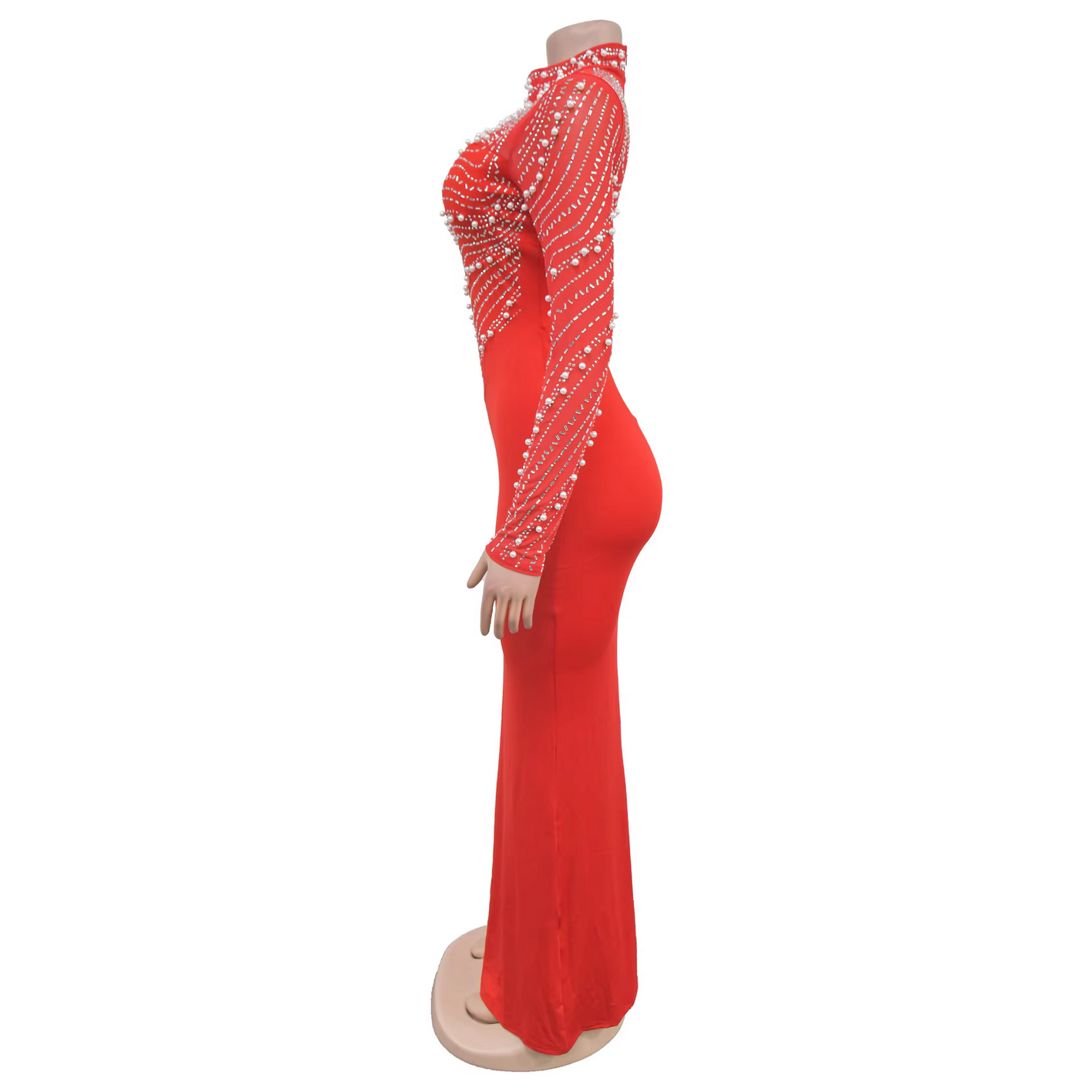 Fashion Rhinestones Pearls Round Neck Long Sleeve Slim Bodycon Evening Party Dress