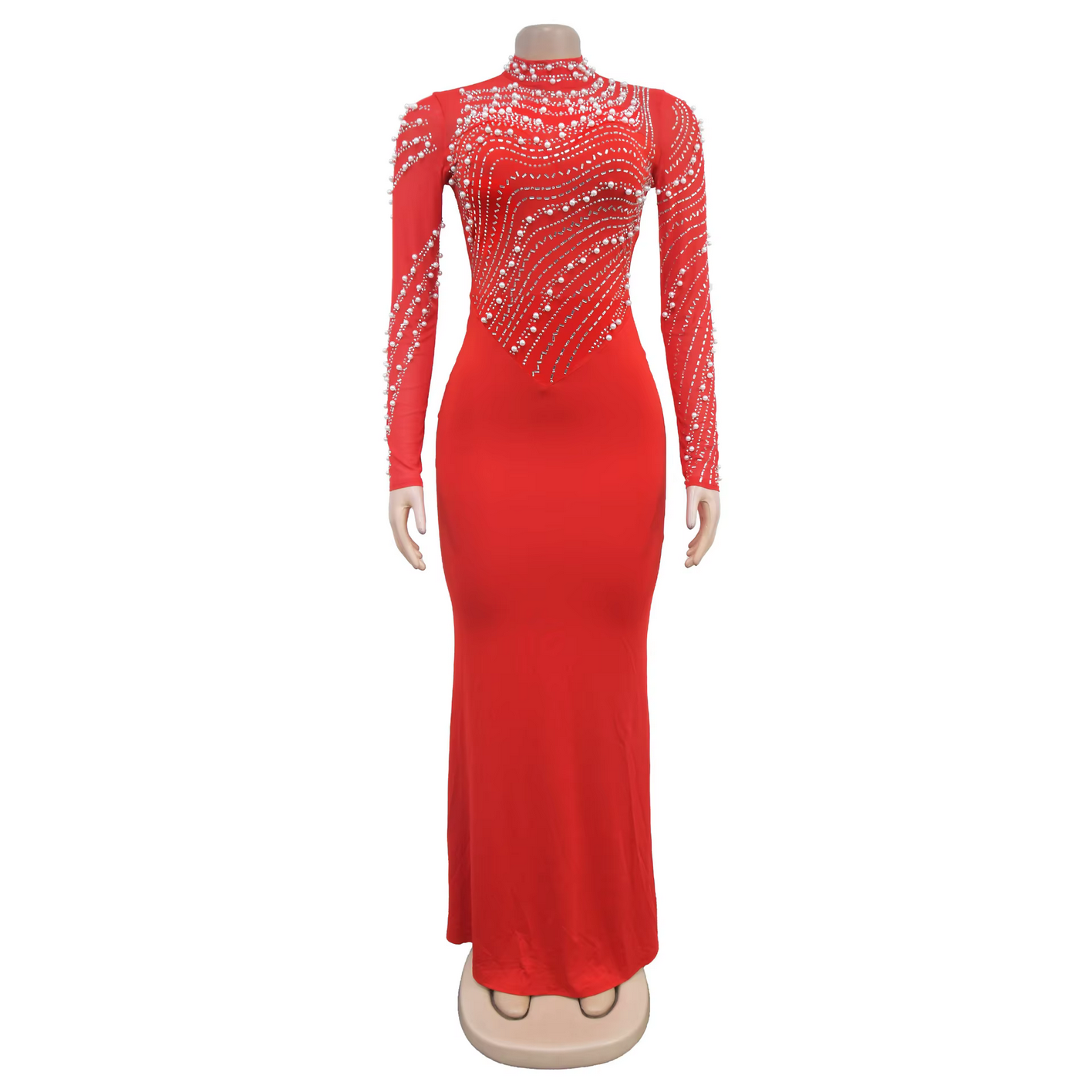 Fashion Rhinestones Pearls Round Neck Long Sleeve Slim Bodycon Evening Party Dress