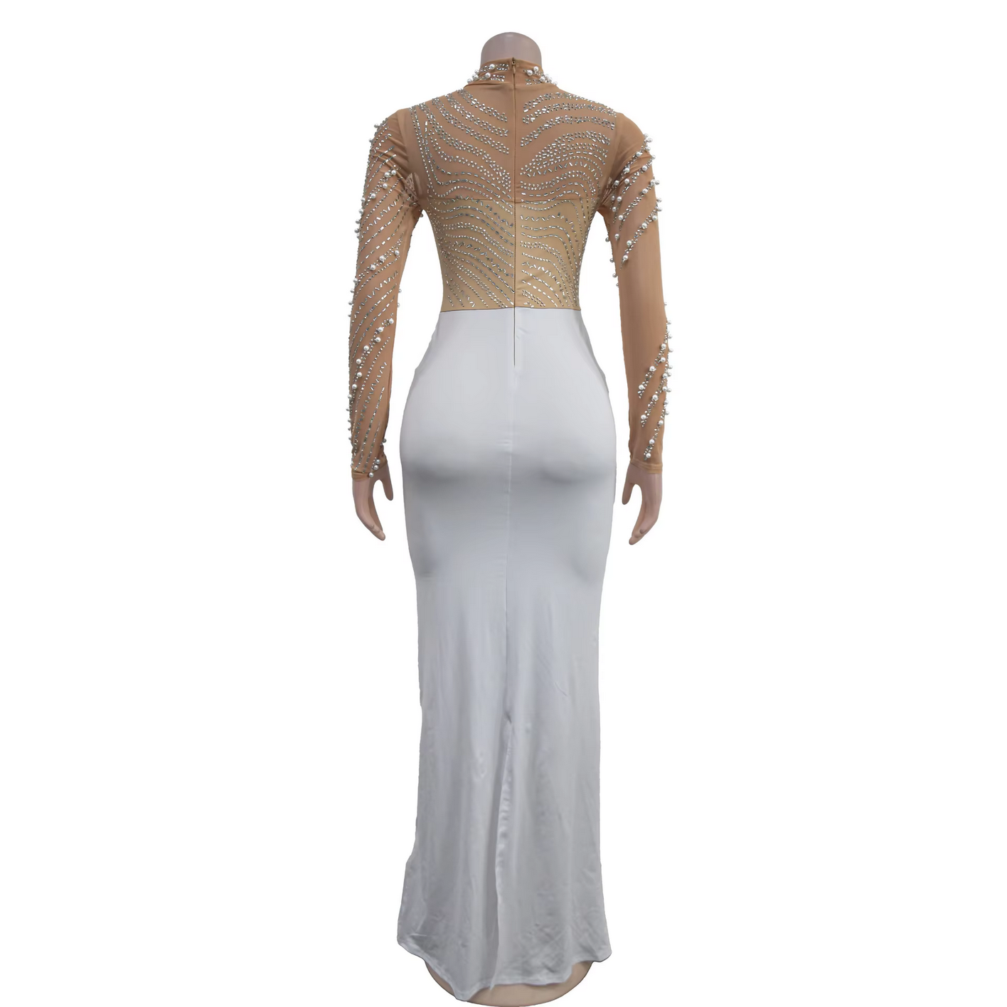Fashion Rhinestones Pearls Round Neck Long Sleeve Slim Bodycon Evening Party Dress