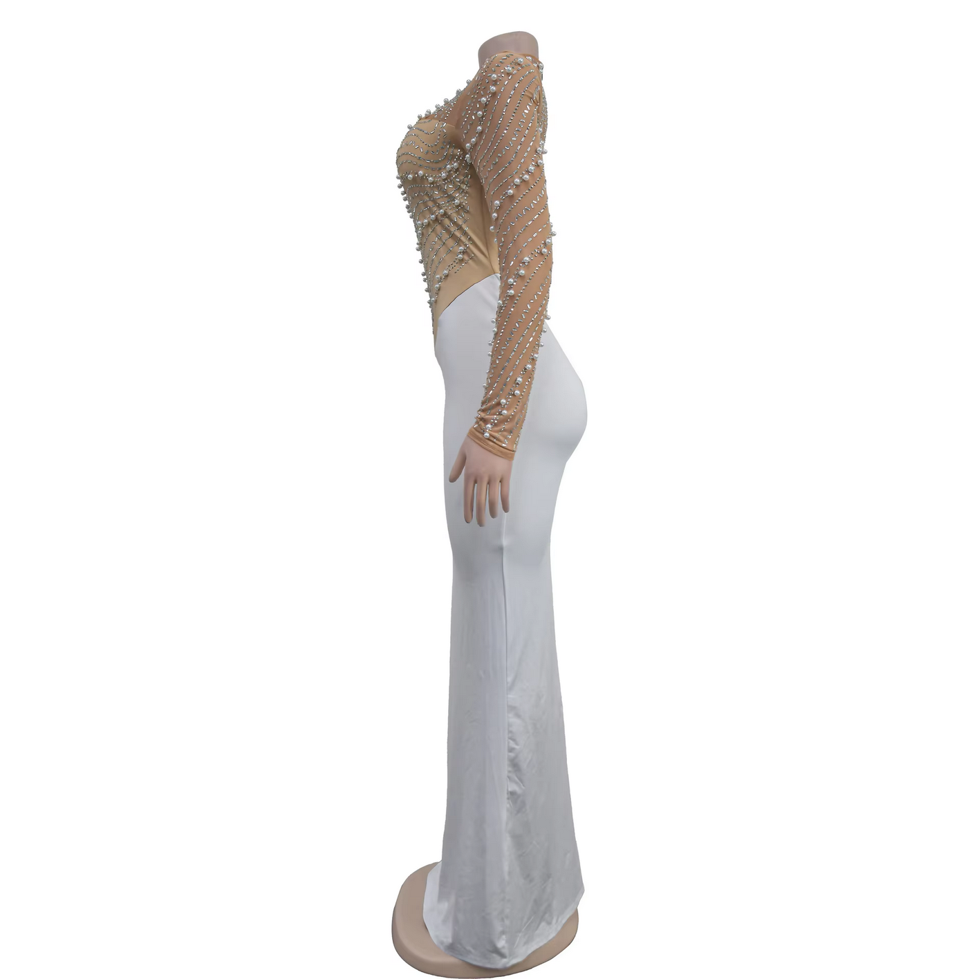 Fashion Rhinestones Pearls Round Neck Long Sleeve Slim Bodycon Evening Party Dress