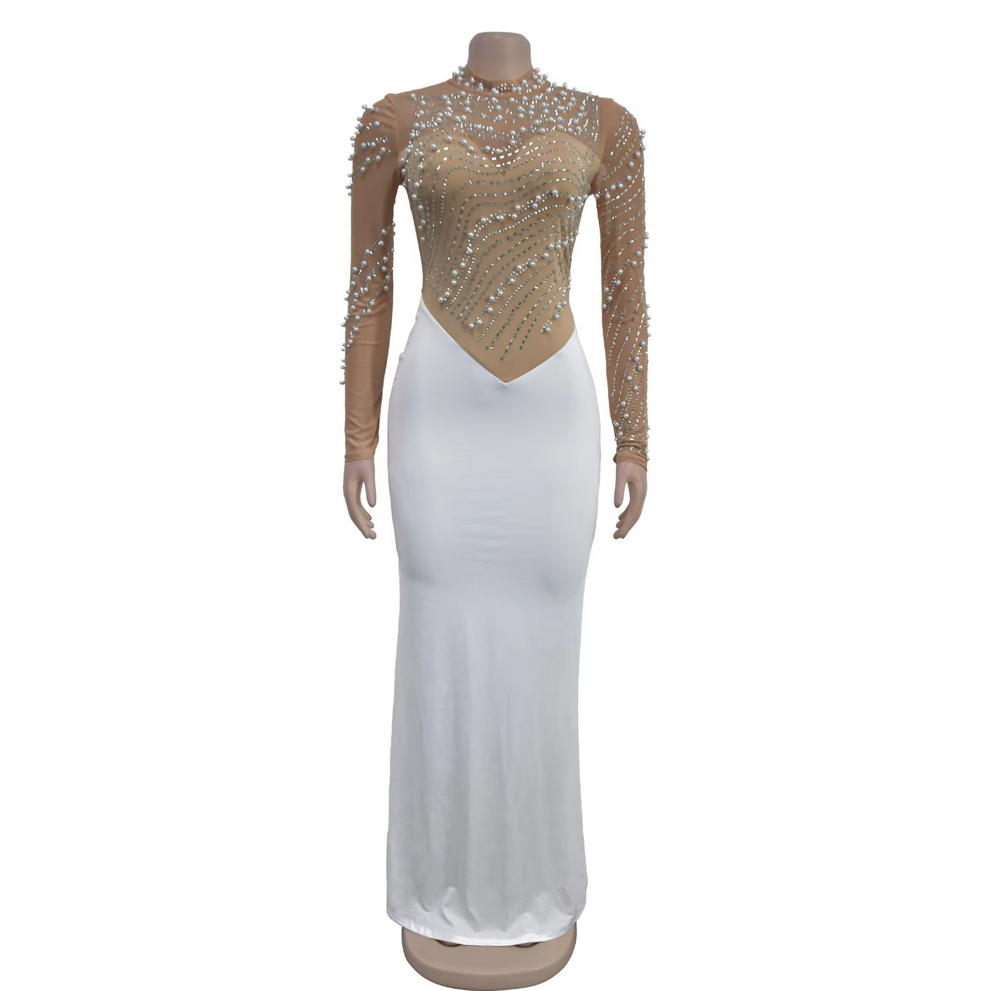 Fashion Rhinestones Pearls Round Neck Long Sleeve Slim Bodycon Evening Party Dress