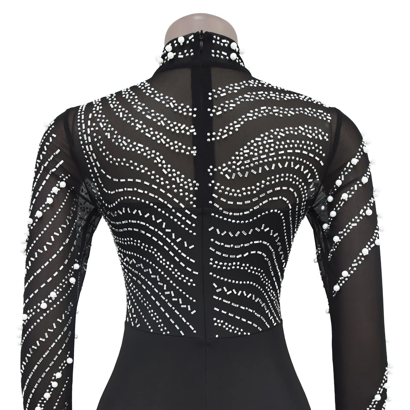 Fashion Rhinestones Pearls Round Neck Long Sleeve Slim Bodycon Evening Party Dress