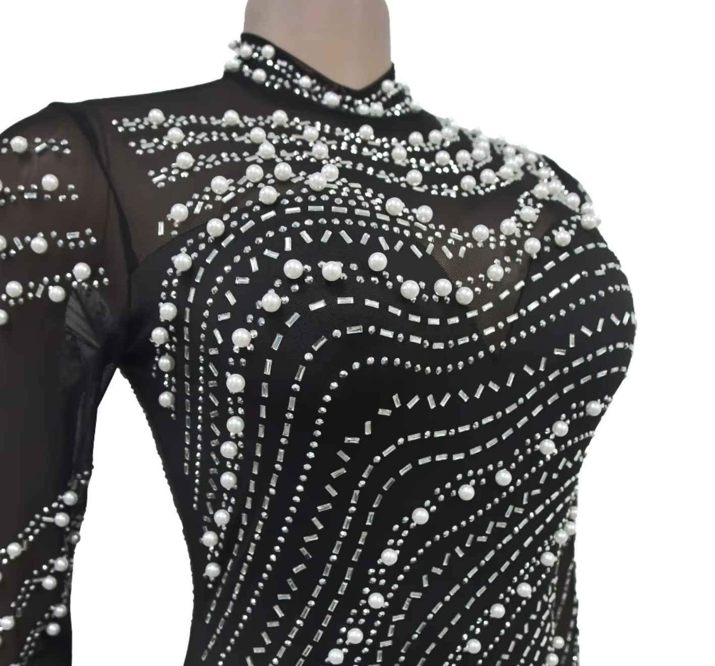 Fashion Rhinestones Pearls Round Neck Long Sleeve Slim Bodycon Evening Party Dress