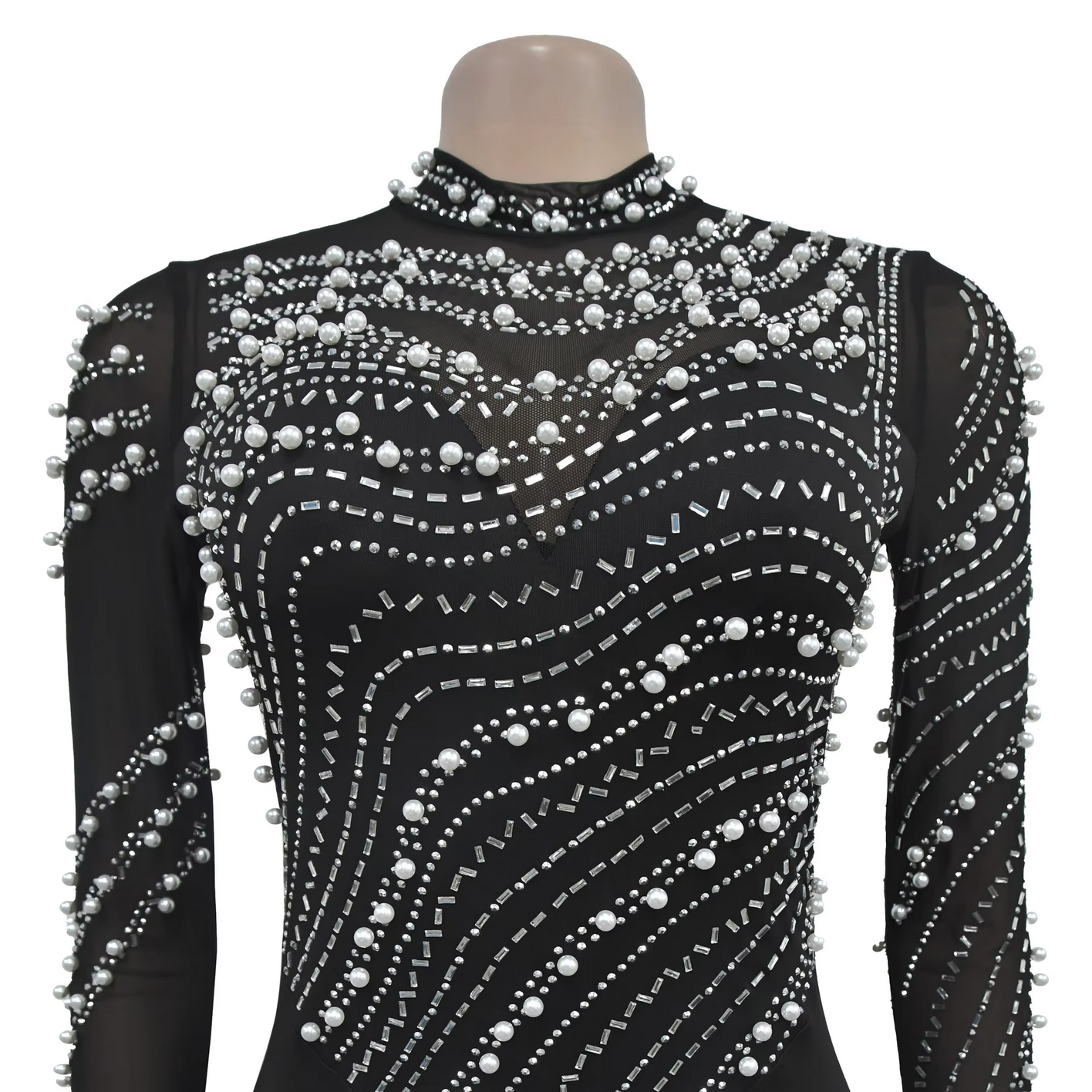 Fashion Rhinestones Pearls Round Neck Long Sleeve Slim Bodycon Evening Party Dress
