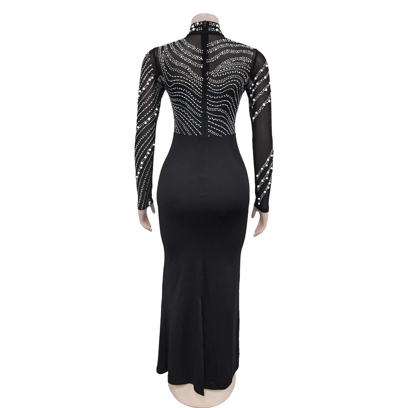 Fashion Rhinestones Pearls Round Neck Long Sleeve Slim Bodycon Evening Party Dress
