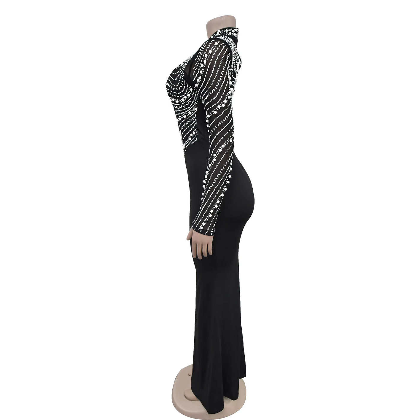 Fashion Rhinestones Pearls Round Neck Long Sleeve Slim Bodycon Evening Party Dress
