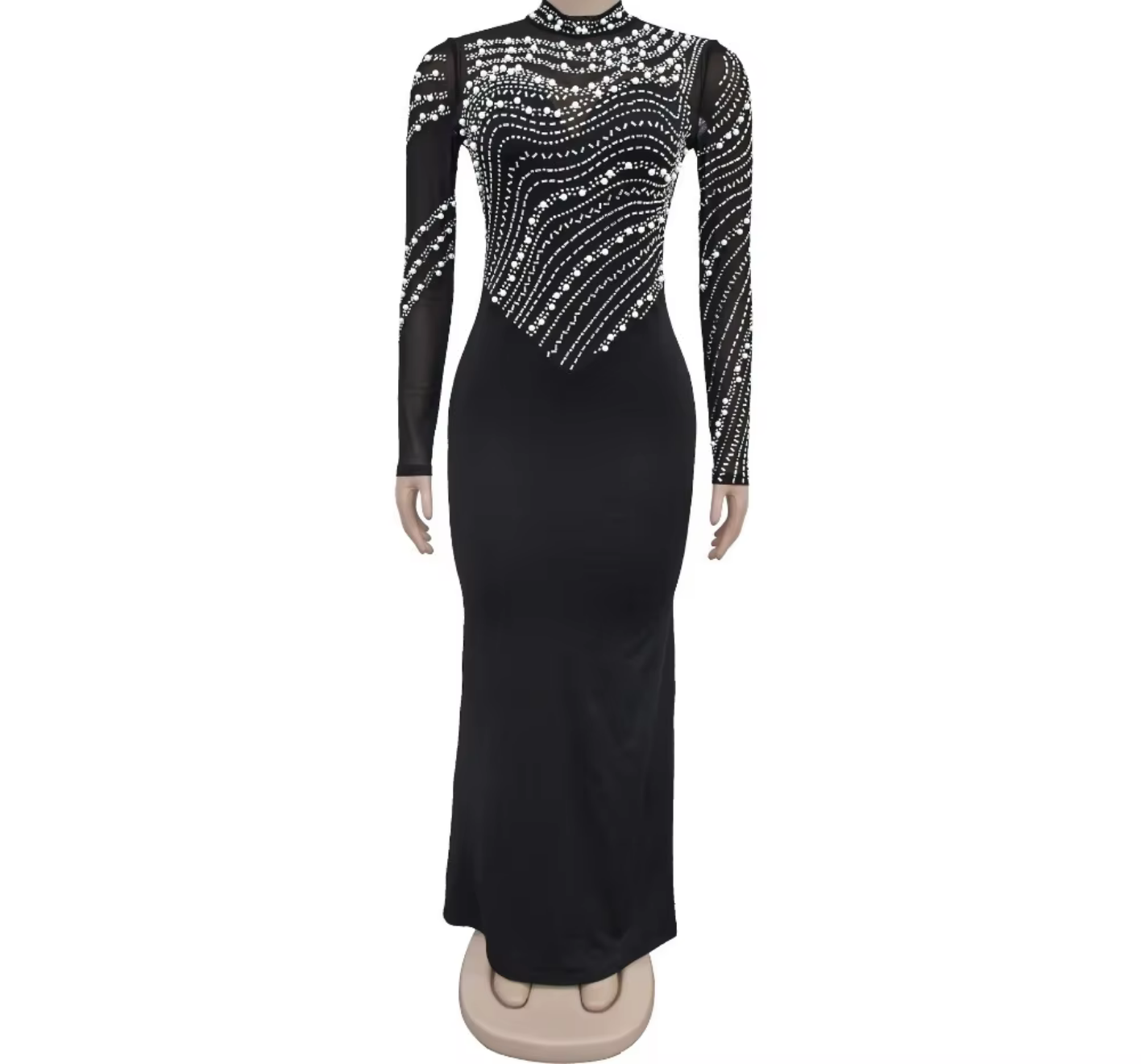 Fashion Rhinestones Pearls Round Neck Long Sleeve Slim Bodycon Evening Party Dress