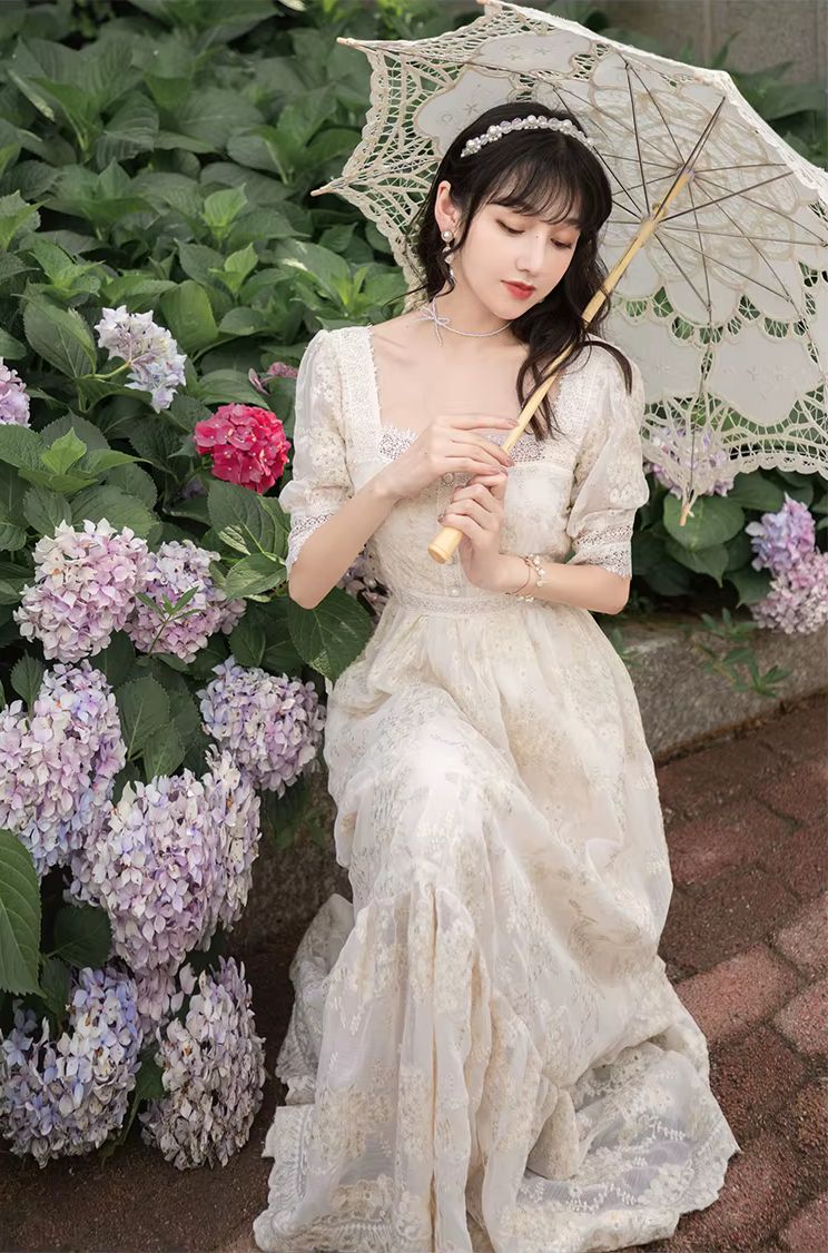 Summer Lace Embroidery Button Decor A Line Dress