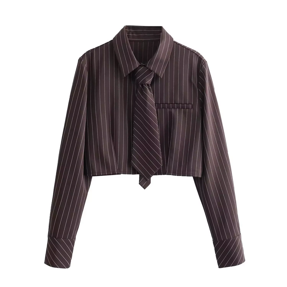 High Street Chic Striped Cropped Long Sleeve Tie Sexy Blouse
