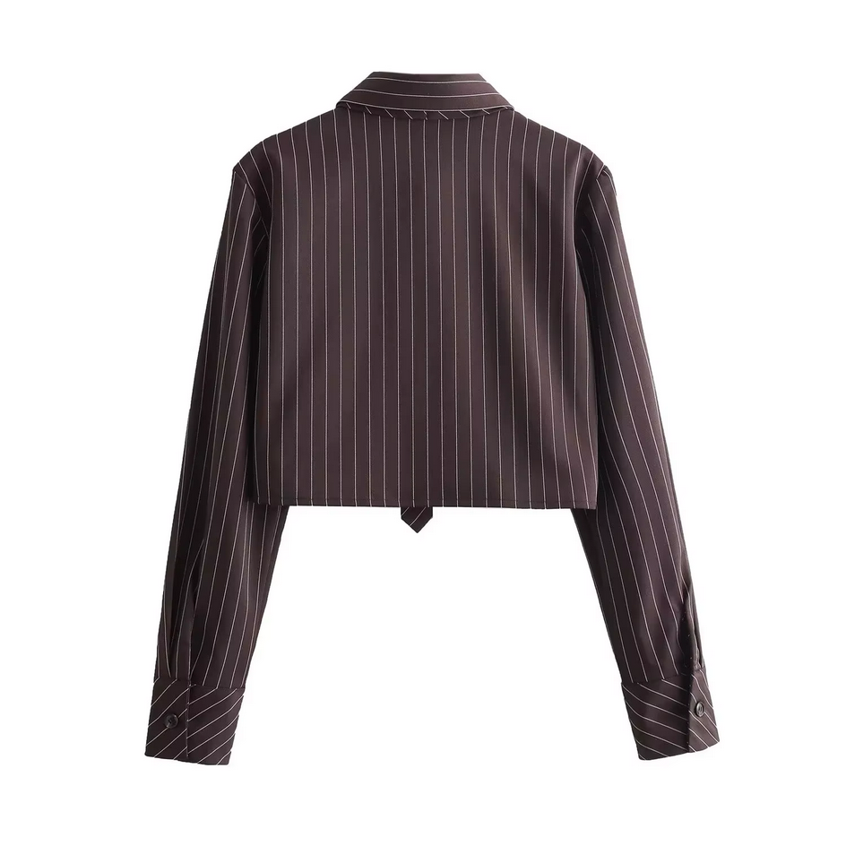 High Street Chic Striped Cropped Long Sleeve Tie Sexy Blouse