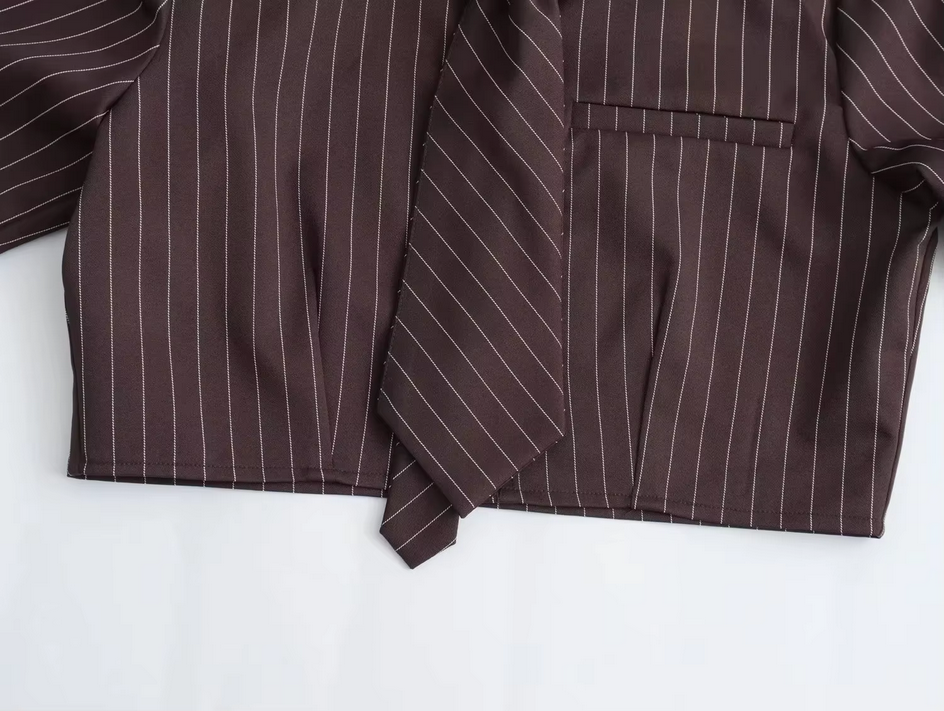 High Street Chic Striped Cropped Long Sleeve Tie Sexy Blouse