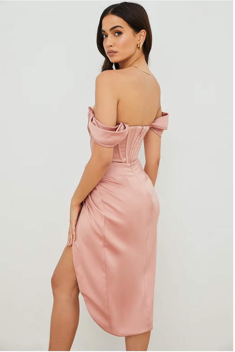 Summer Autumn Elegant Off Shoulder Backles Ruched Midi Dresses