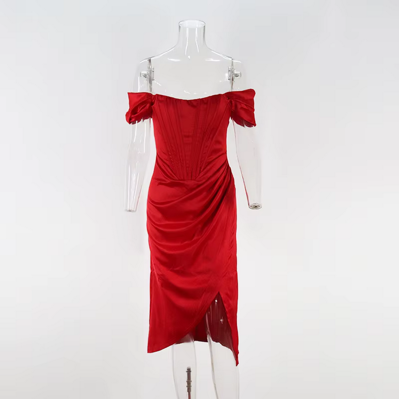 Summer Autumn Elegant Off Shoulder Backles Ruched Midi Dresses
