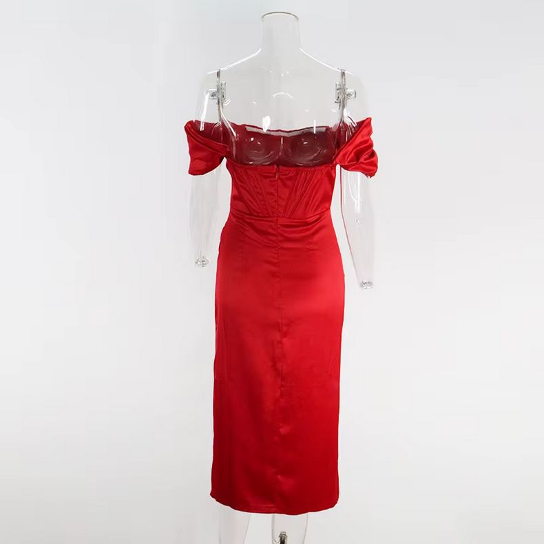 Summer Autumn Elegant Off Shoulder Backles Ruched Midi Dresses