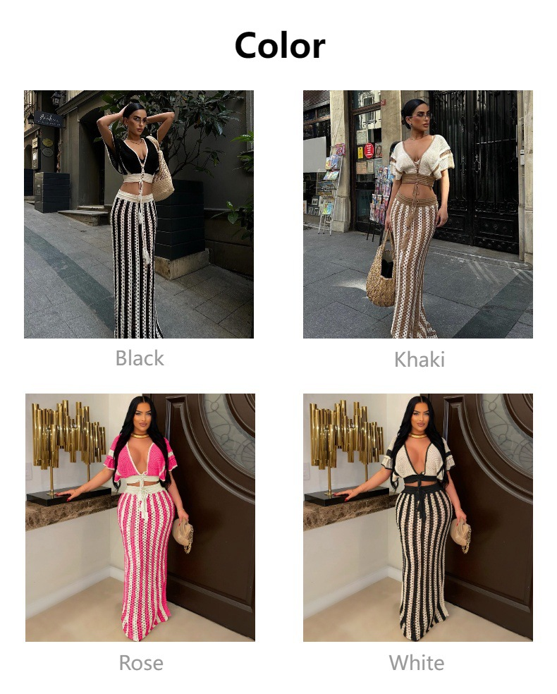 Striped Knitted Hollow Out Long Skirts With V-Neck Short Sleeve Crop Tops