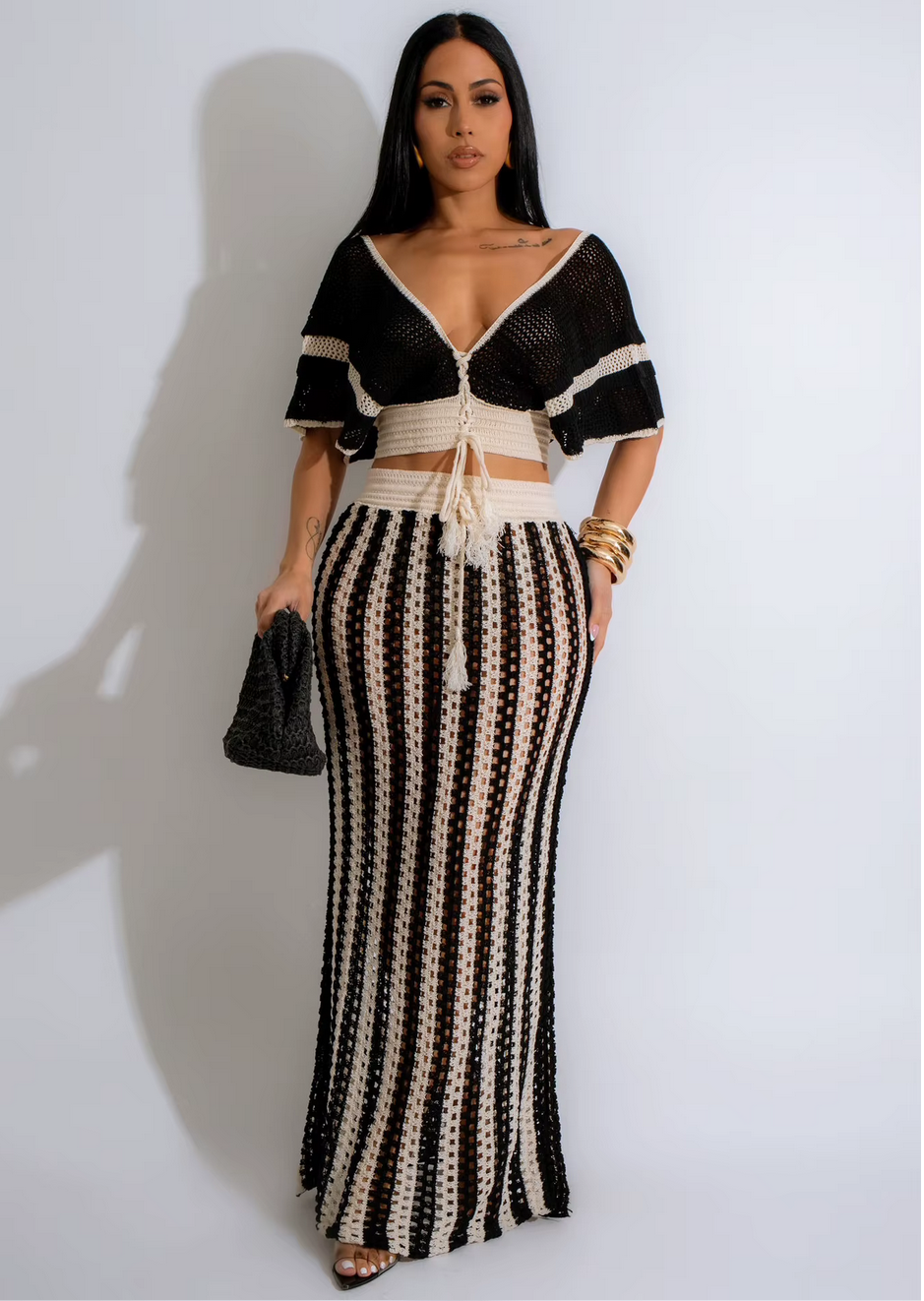 Striped Knitted Hollow Out Long Skirts With V-Neck Short Sleeve Crop Tops
