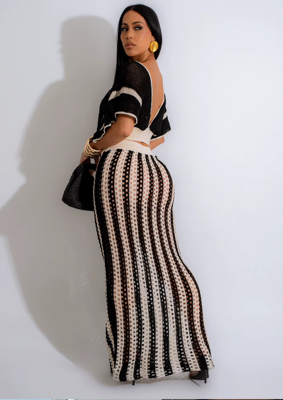 Striped Knitted Hollow Out Long Skirts With V-Neck Short Sleeve Crop Tops