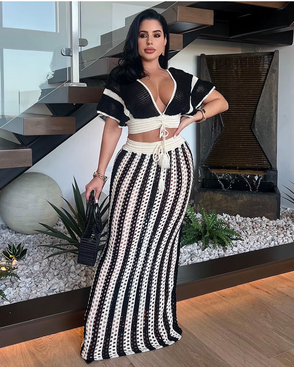 Striped Knitted Hollow Out Long Skirts With V-Neck Short Sleeve Crop Tops