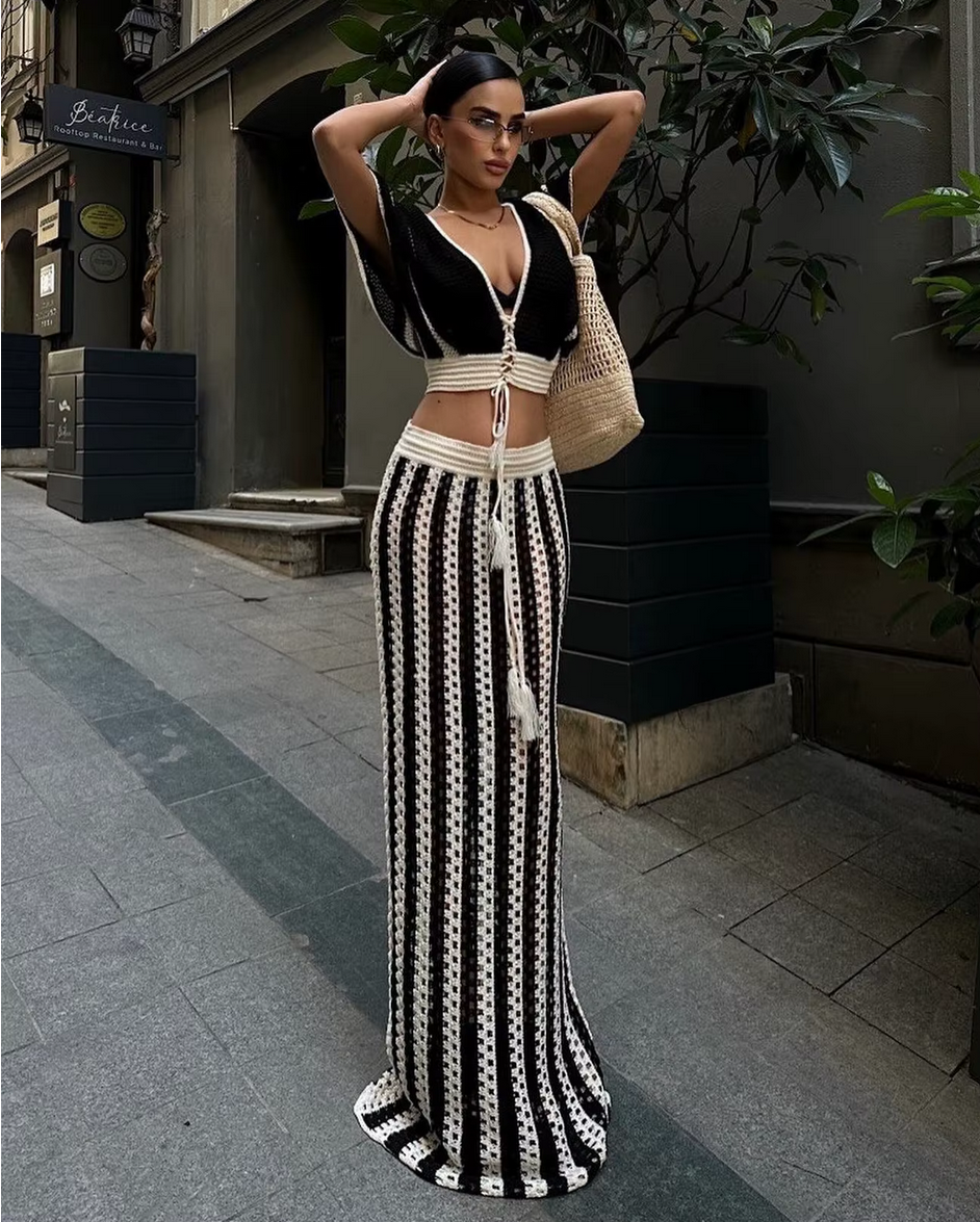 Striped Knitted Hollow Out Long Skirts With V-Neck Short Sleeve Crop Tops